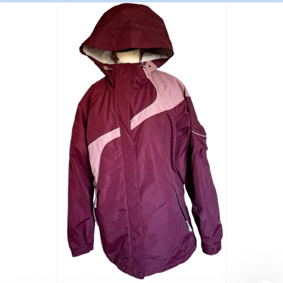COLUMBIA SNOW JACKET BURGUNDY PINK GRAY FLEECE LINED TIE HOOD WHITE PIPING LARGE - Picture 1 of 3